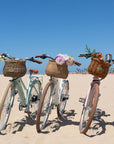 Bluejay Premiere Lite e-bikes in Mint Green, Modern White, and Blush Pink at the beach with front basekts of flowers.