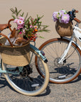 Two Bluejay Lite e-bikes at beach with flowers in baskets