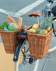 Two Pannier Nantucket baskets filled with fruit on a Bluejay e-bike in Modern Black.
