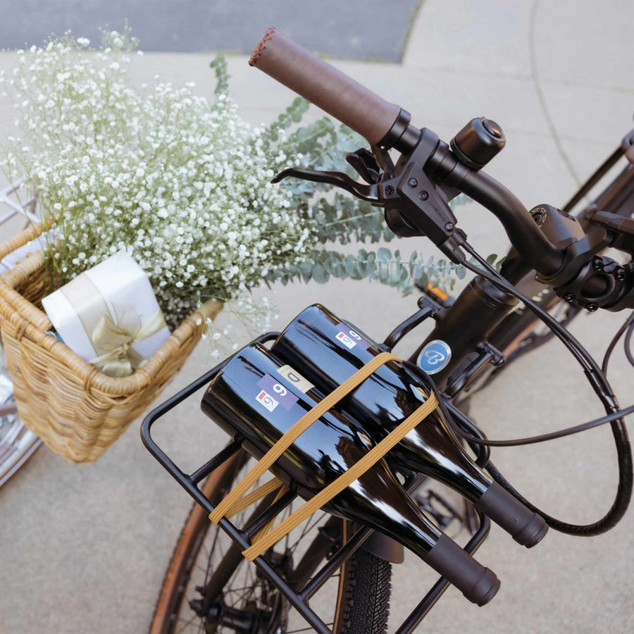 Close-up of Bluejay e-bike handlebars, basket with wine and flowers