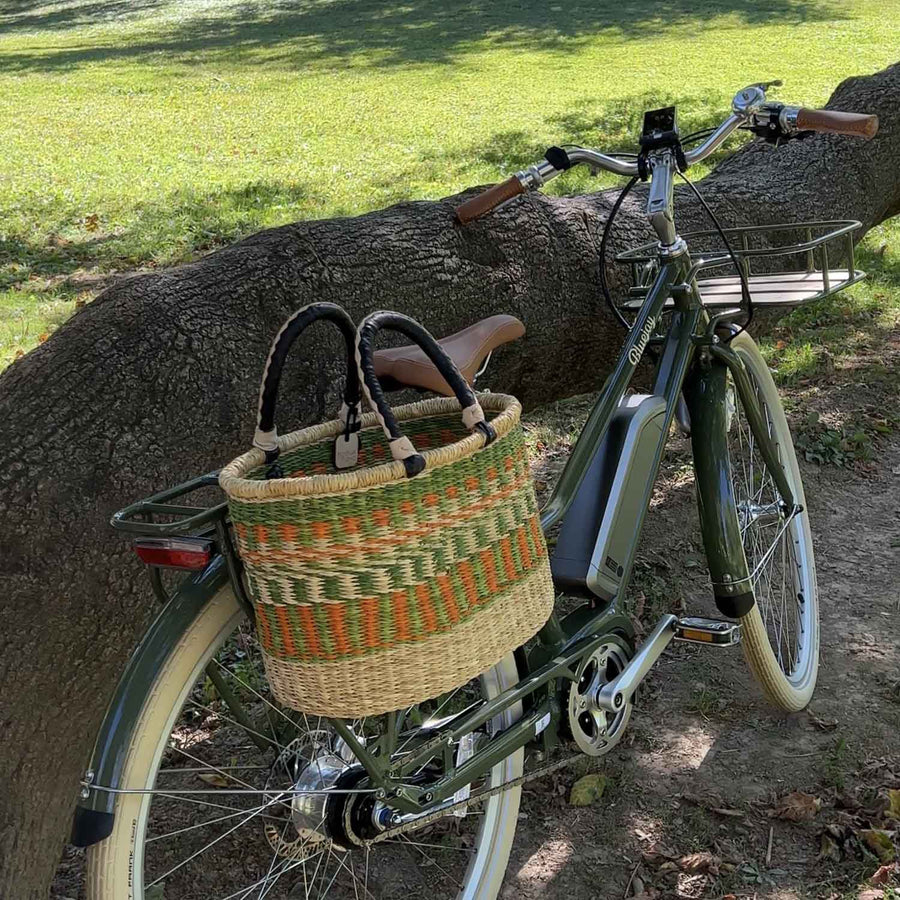 Bluejay Premiere Edition Olive Green Electric Bike e-bike with rear Bolga basket