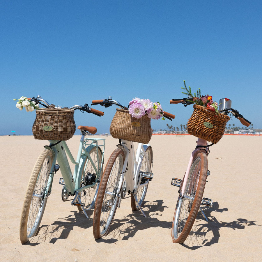 Bluejay Premiere Lite e-bikes in Mint Green, Modern White, and Blush Pink at the beach with front basekts of flowers. 