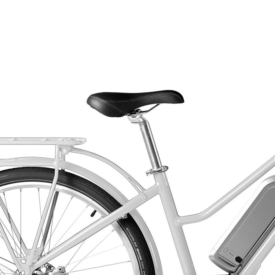 Close-up view of rear wheel and black seat of Bluejay e-bike 