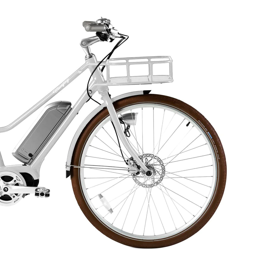 Bluejay Premiere Edition e-bike in Modern White front wheel