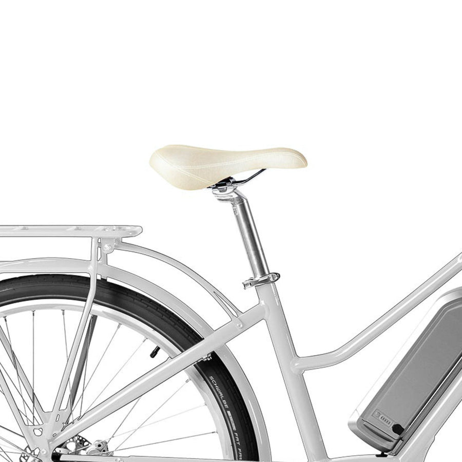 Close-up view of rear wheel and seat of Bluejay e-bike 