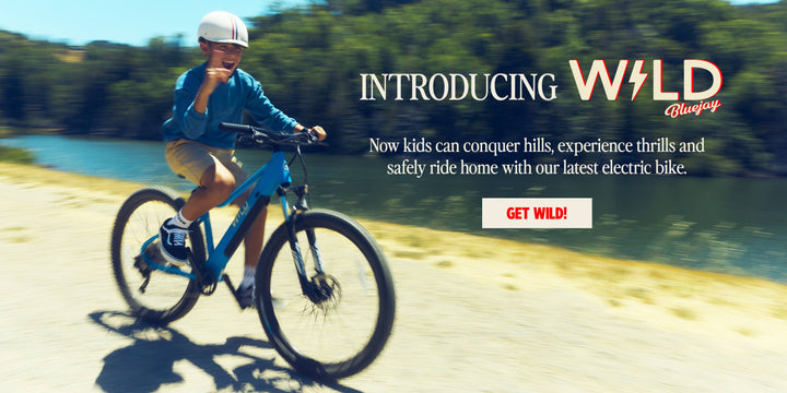 Bluejay WILD Kids' E-bike ad with child riding bike