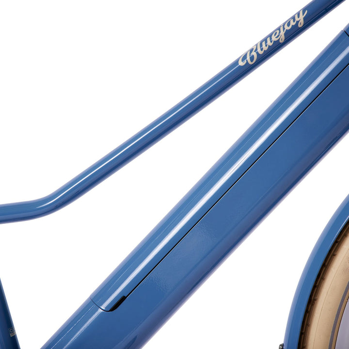 Frame close-up of Blujeay Premiere Edition e-bike in Bluejay Blue