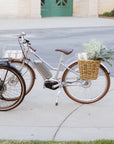 Bluejay Premiere Edition e-bike in Heritage Silver with rear Nantucket basket 