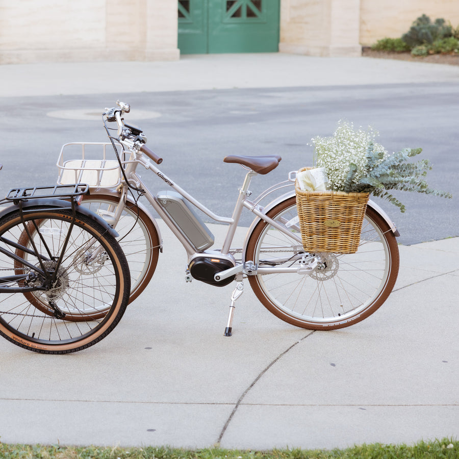 Bluejay Premiere Edition e-bike in Heritage Silver with rear Nantucket basket 