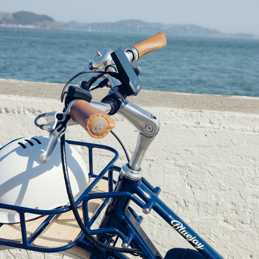 Grips of Bluejay e-bike near ocean