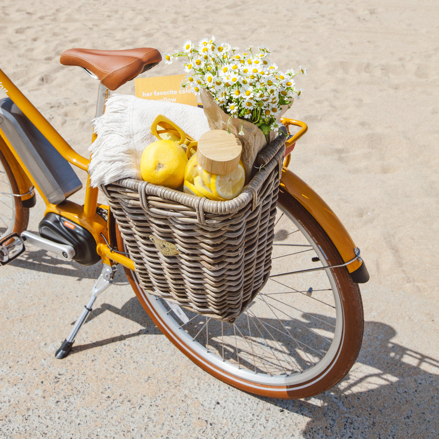 Bluejay Premiere Edition e-bike in Golden Yellow with rear Nantucket basket