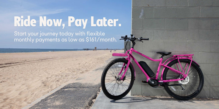 Payment plan promo for Bluejay e-bikes with image of pink Sport Edition electric bike 