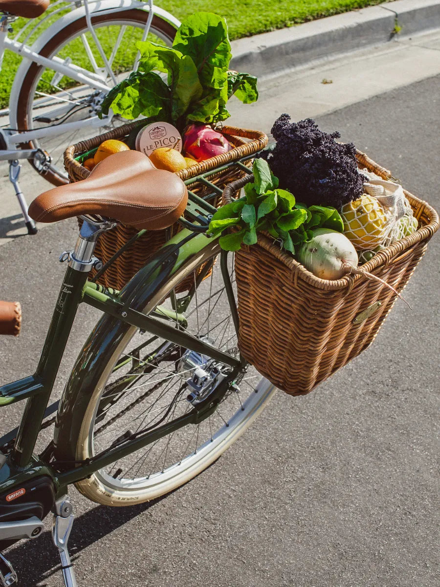 Vegetables in rear Pannier baskets of a Bluejay Premiere Edition e-bike in Olive Green 