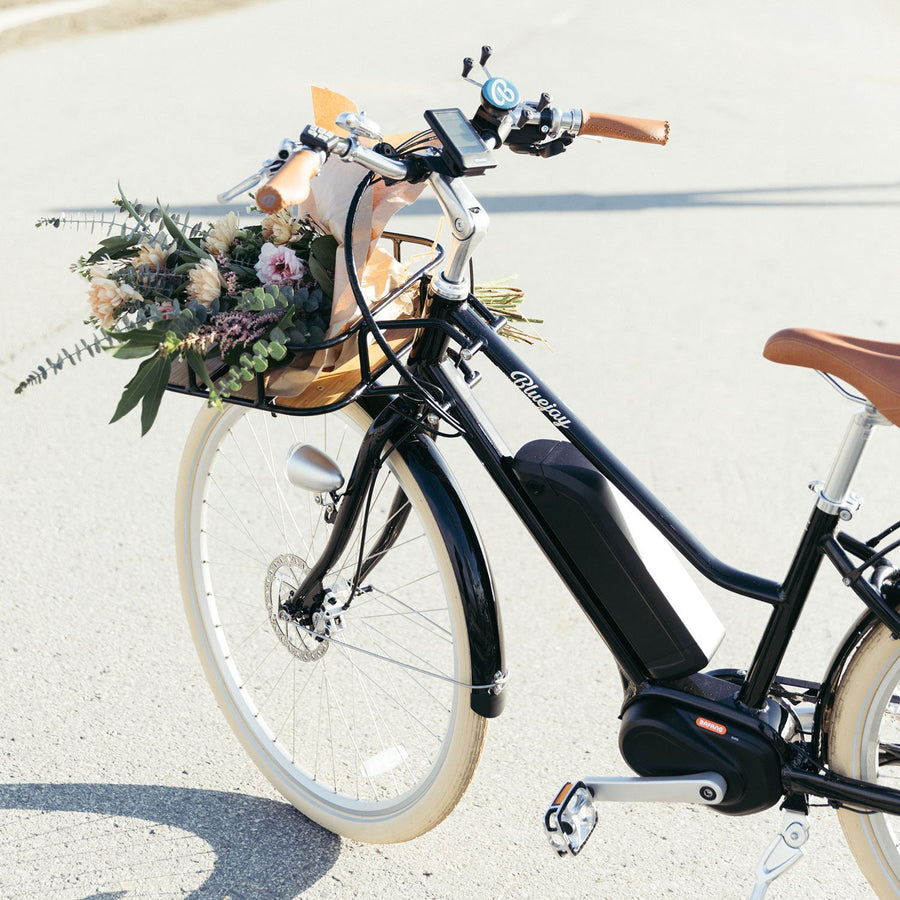  Premier Edition Bluejay Black Electric Bike With Tan Accents With Flower Basket