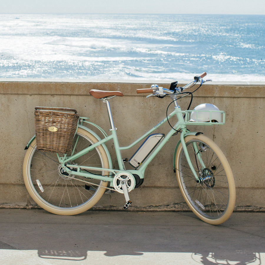 Parked mint green bike by ocean - Premiere Edition Bluejay