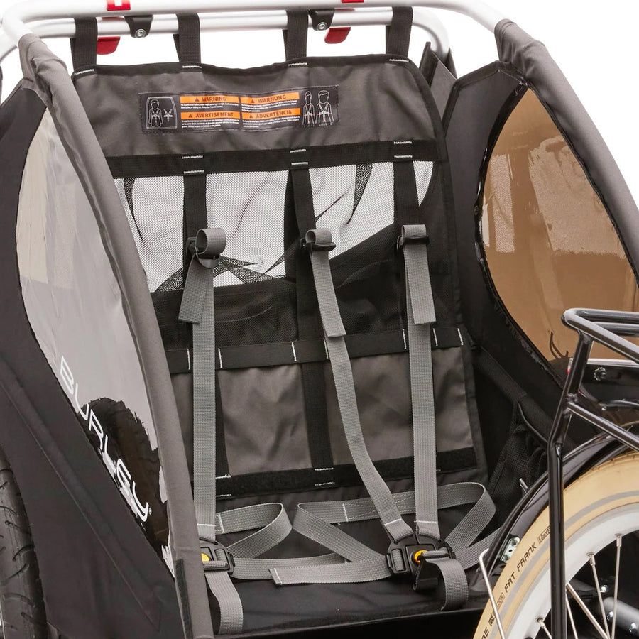 Inside view and seatbelt of the Burley Bee Double Bike Trailer