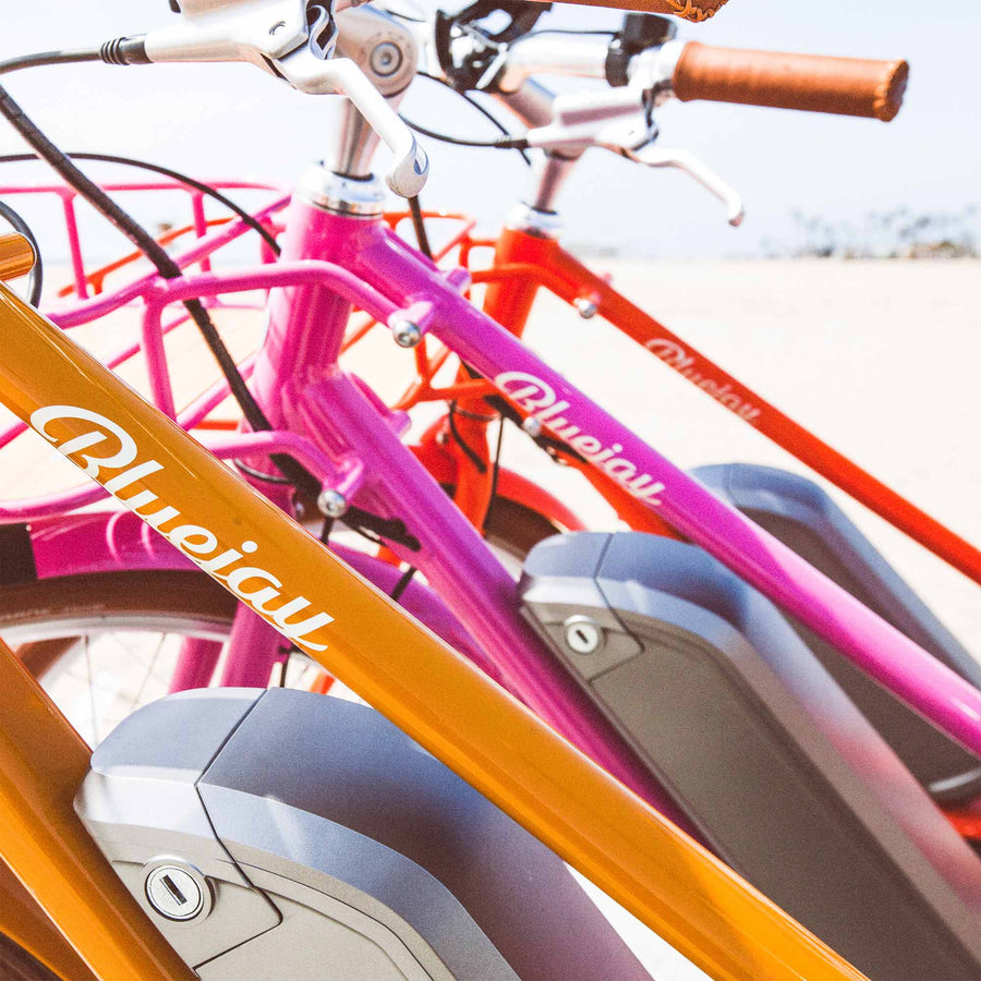 Bluejay Premiere Edition electric bikes orange e-bike pink e-bike 
