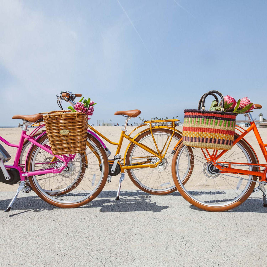 colorful electric bikes parked on beach - Bluejay