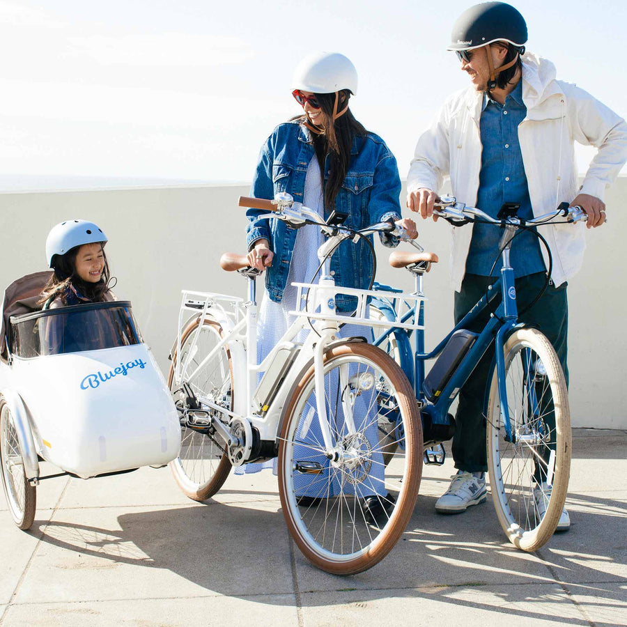 Bluejay Premiere Edition electric bike white and blue e-bike with sidecar