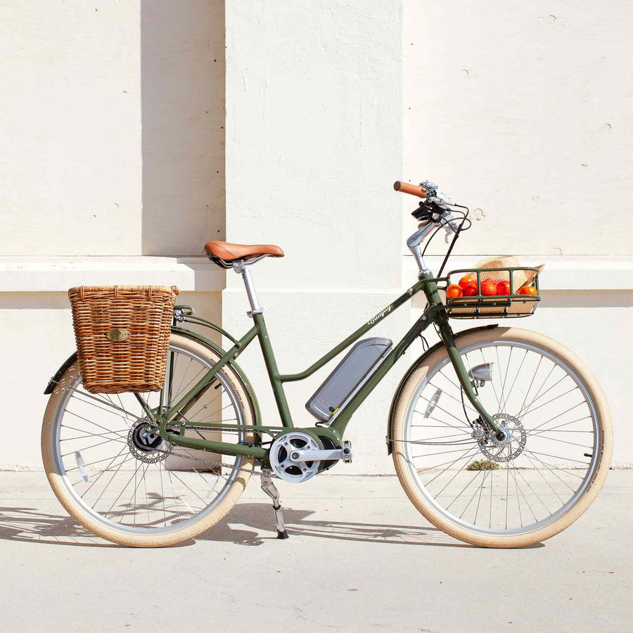 Bluejay Premiere Edition electric bike Olive Green e-bike with rear basket 