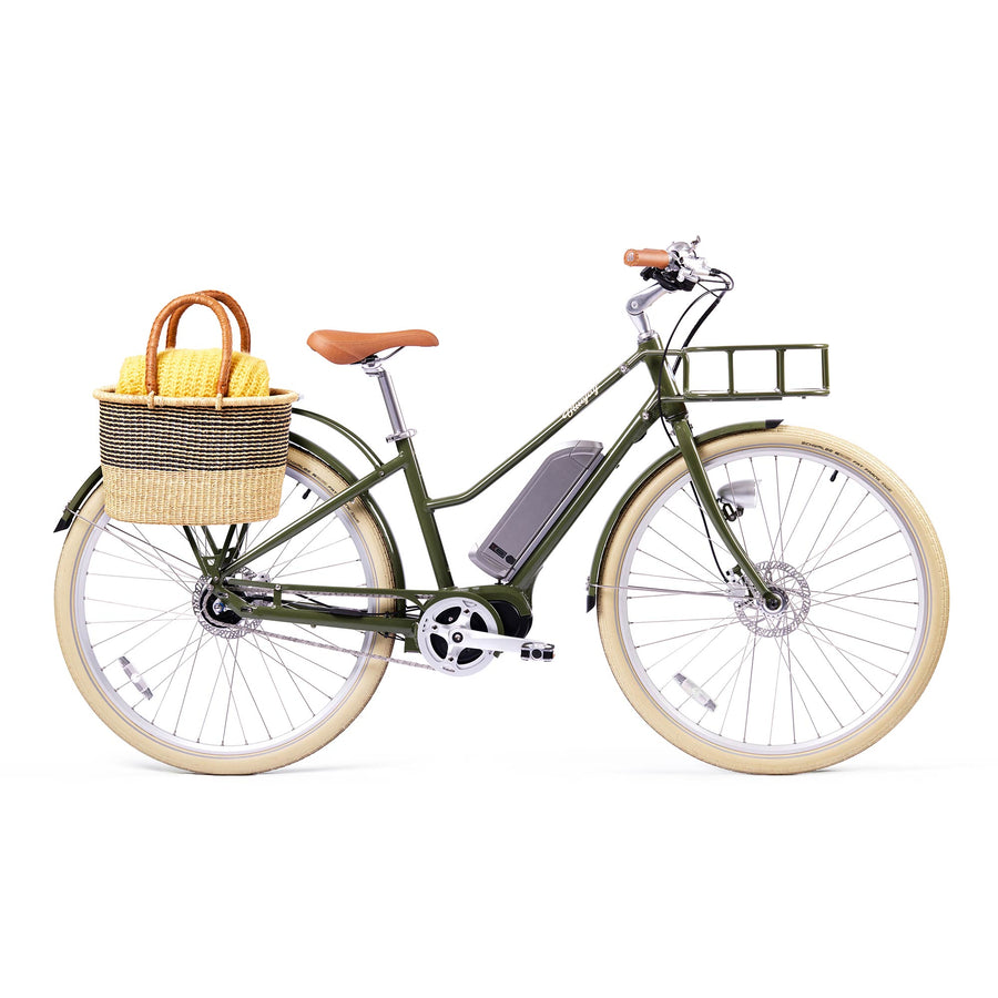 Bluejay Premiere Edition electric bike Olive Green e-bike with Bolga Basket