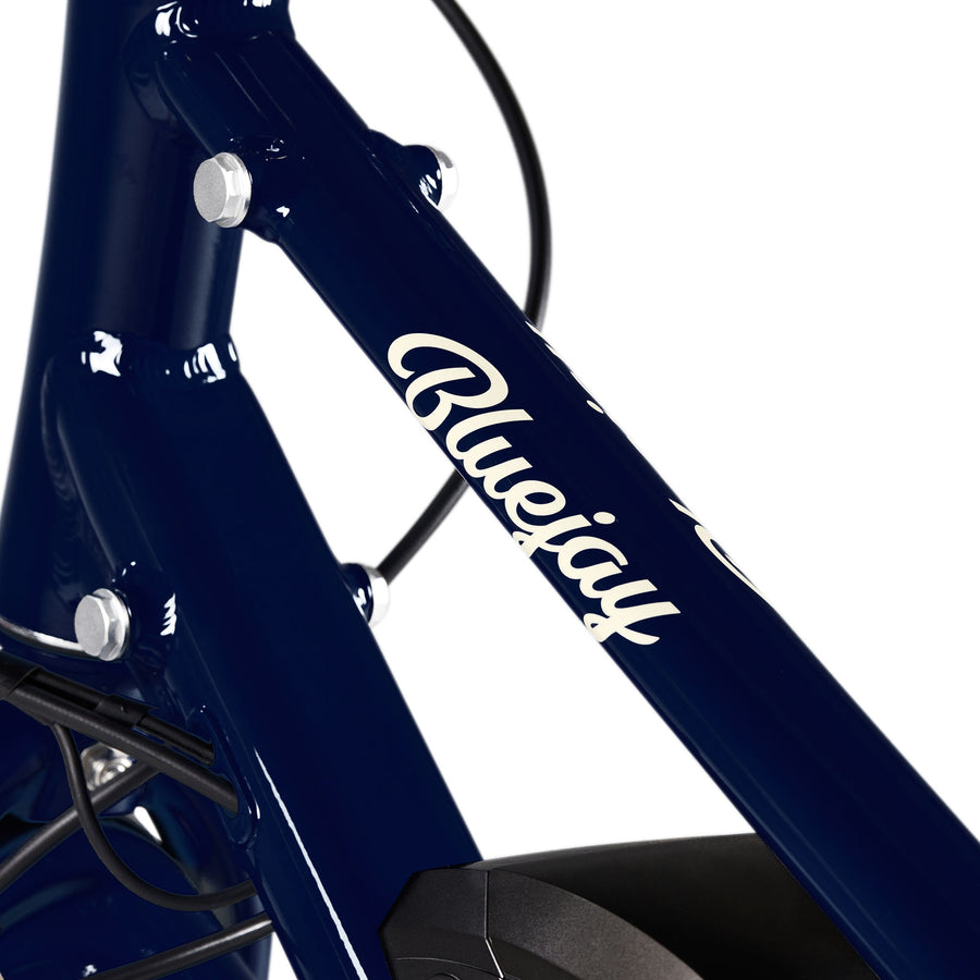 Bluejay Premiere Edition electric bike Navy Blue e-bike logo close-up